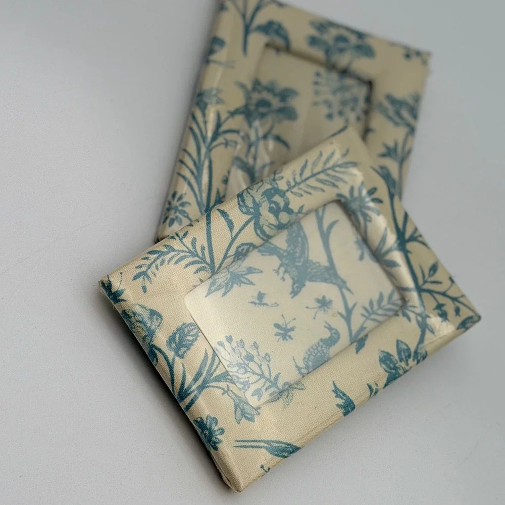 Set of 2 Blue and Cream Toile Fabric Wrapped Picture Frames Bird Floral Pattern